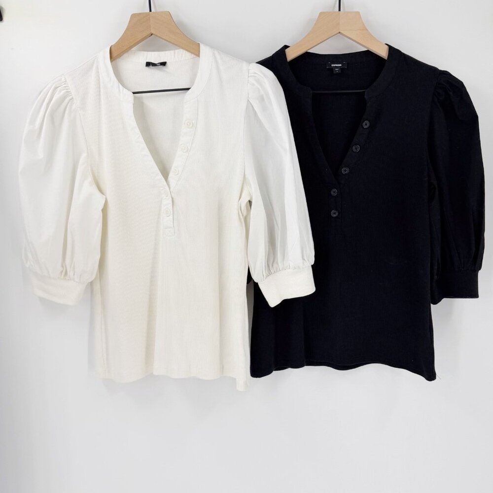 Bundle of 2 Express Ribbed V-Neck Poplin Puff Sleeve Henley Tee M Black White